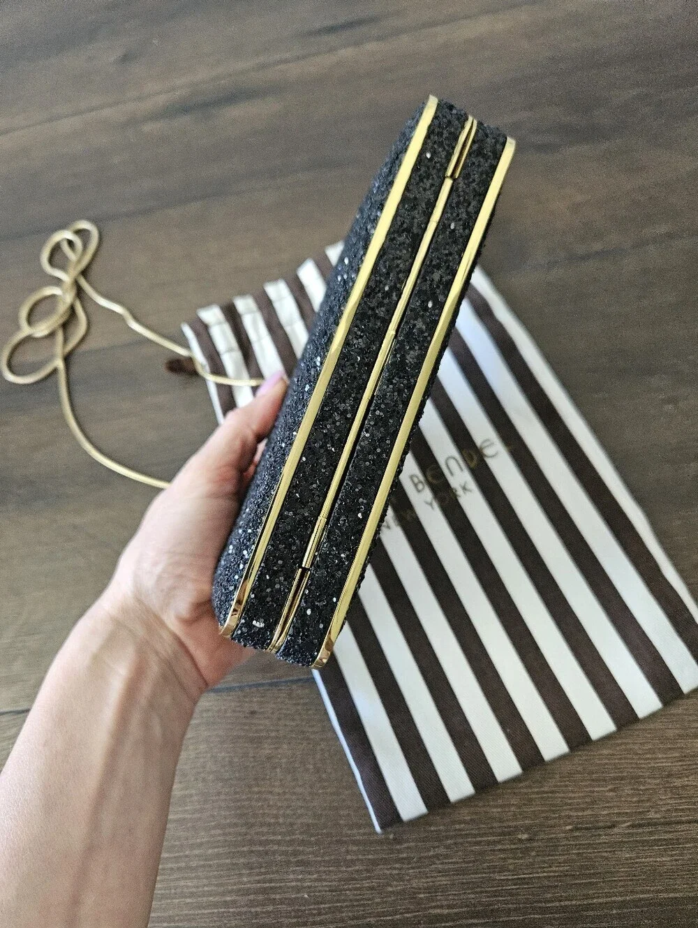 HENRI BENDEL Black Glitter Box Clutch Crossbody Evening Bag Gold Hardware +Dusty